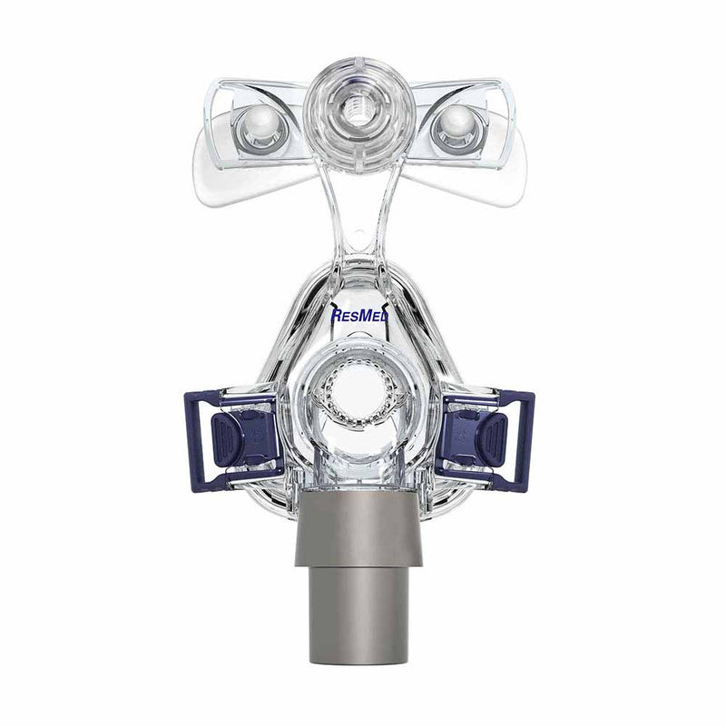 Front view of clear Mirage Micro Nasal Mask with grey tube connection by ResMed.