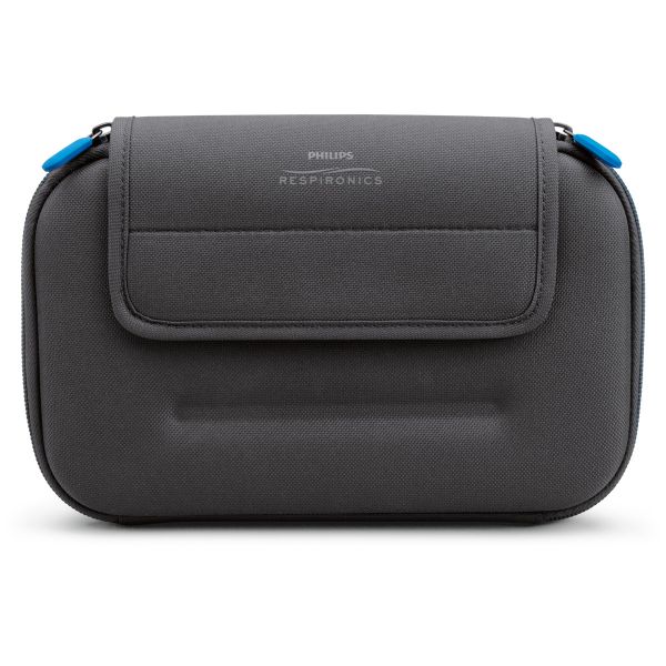 Front view of black battery kit case with blue zipper