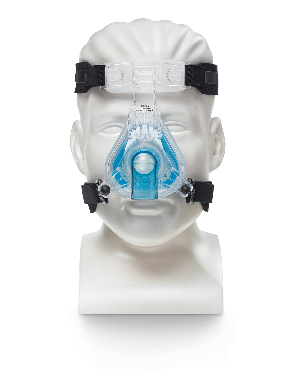 Front view of mannequin with ComfortGel Blue Nasal CPAP Mask with headgear.