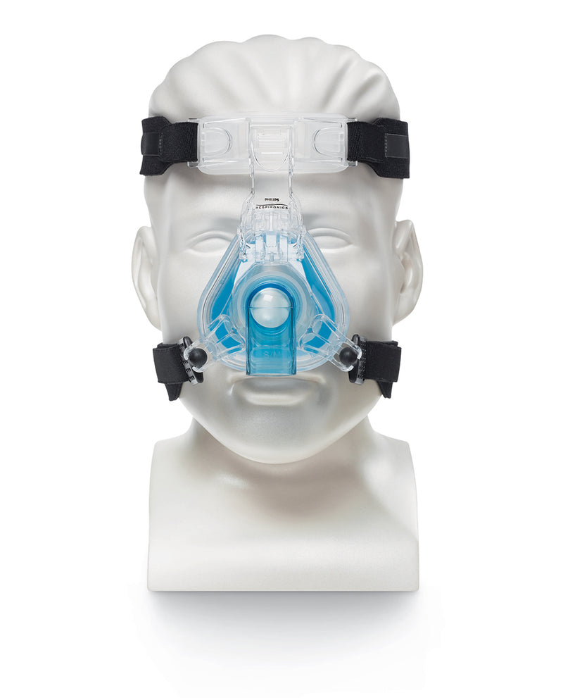Front view of mannequin with ComfortGel Blue Nasal CPAP Mask with headgear.