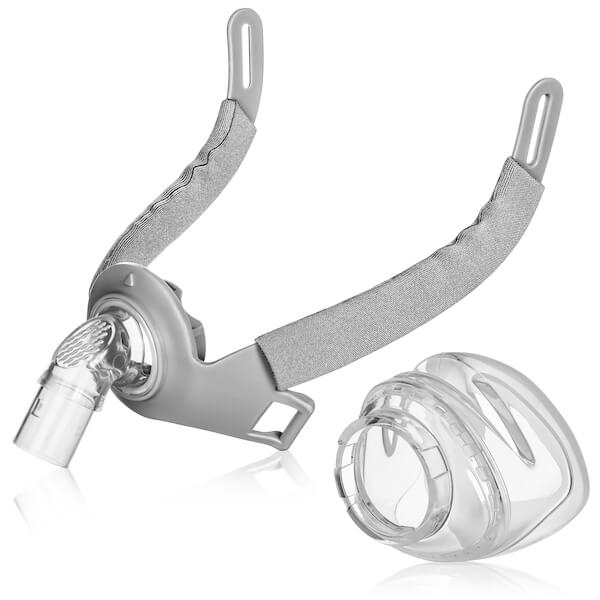 Isometric view of nasal mask frame and see through cushion for Siesta Nasal Mask by 3B Medical.