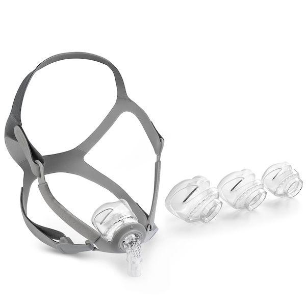 Isometric view of grey headgear and nasal frame cushion with three cushion sizes for Siesta Nasal Mask All Size Fit Pack by 3B Medical.