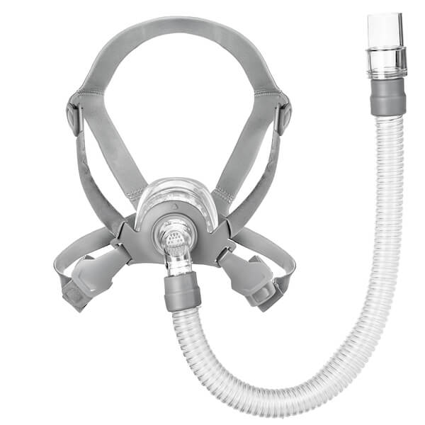 Front view of grey headgear and nasal frame cushion with swivel tube connector for Siesta Nasal Mask by 3B Medical.