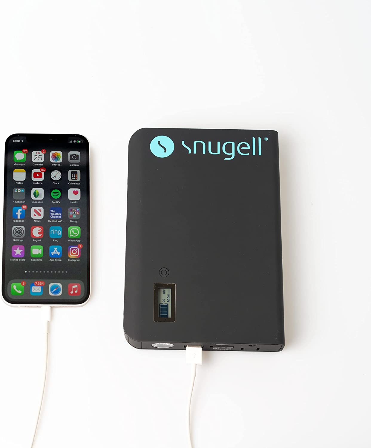 Snugell CPAP Battery connected to iPhone.