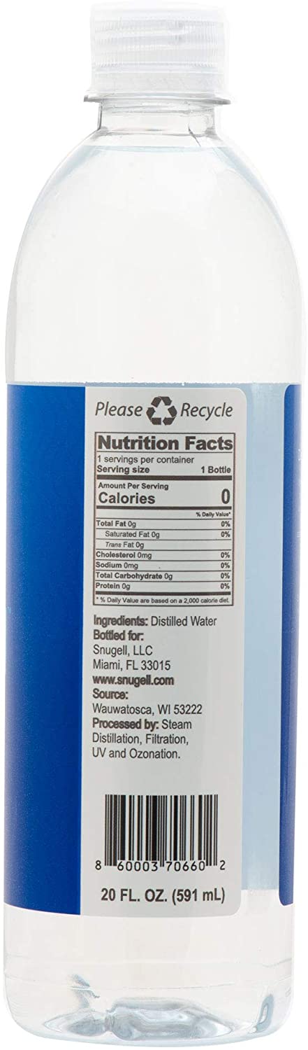 Nutrition facts of Snugell Distilled Water.