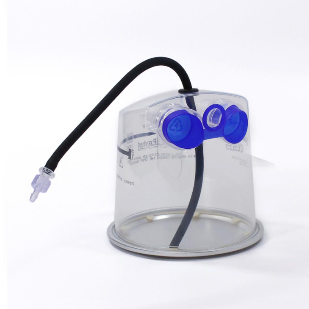 Side view of clear plastic adapter with blue connections for Fisher & Paykel.