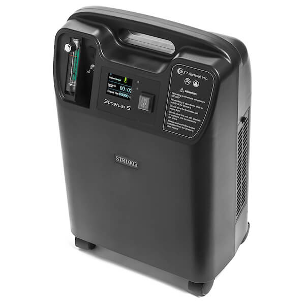 To view of switches and LED display of the Stratus 5 Oxygen Concentrator Bundle - 5 LPM