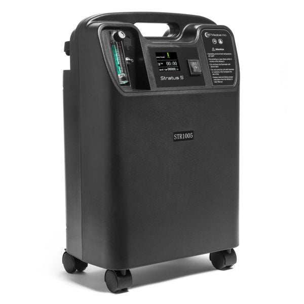 Isometric view of black Stratus 5 Oxygen Concentrator Bundle - 5 LPM