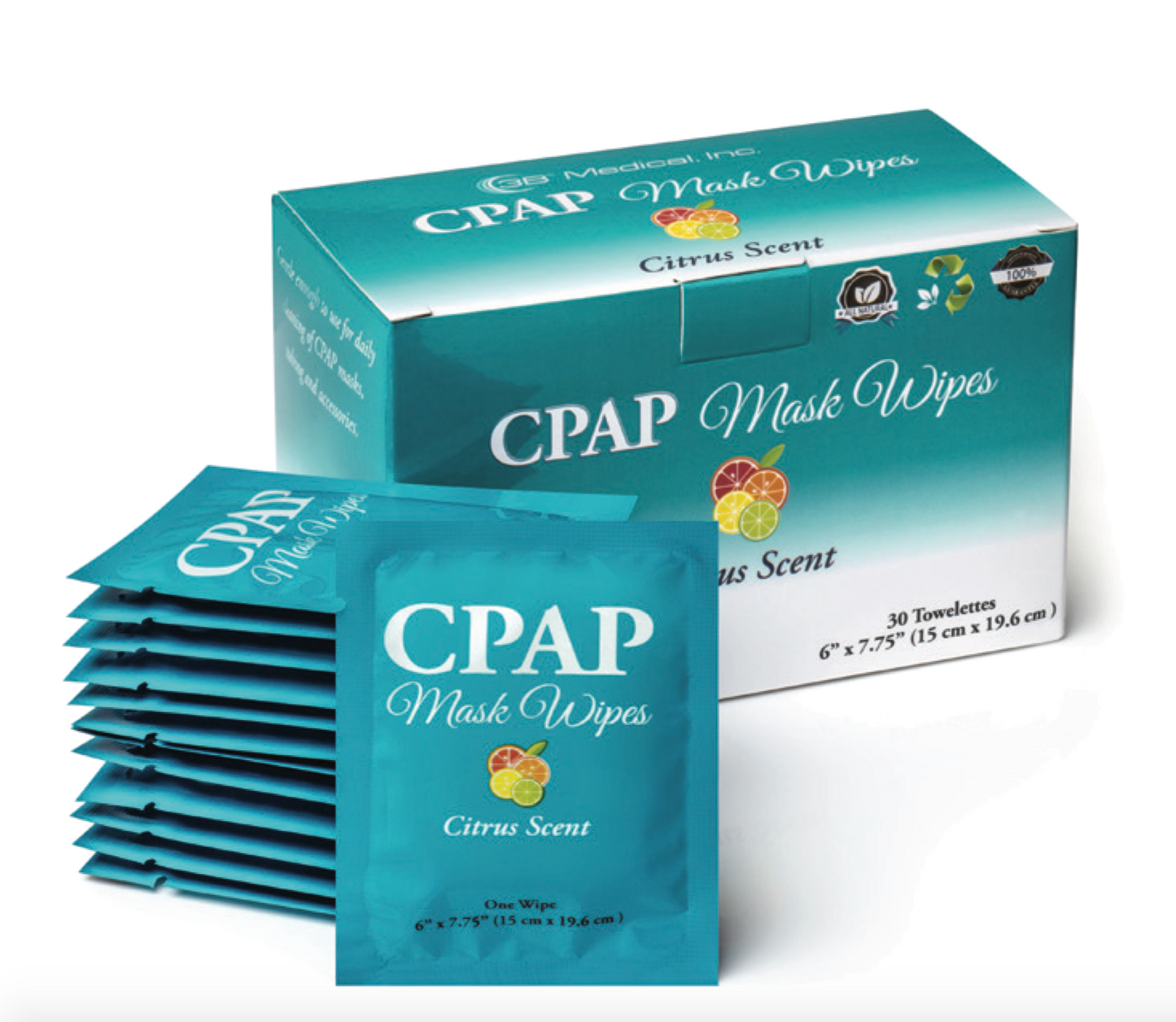 Front view of package and one wipe package of Travel CPAP Wipes (Citrus) - 30/box