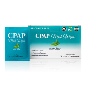 Front view of package and one wipe package of Travel CPAP Wipes (Fragrance Free - Aloe) - 30/box