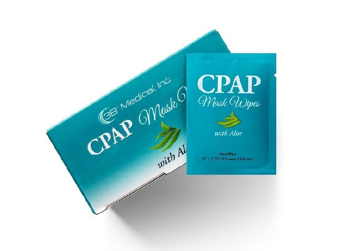 Top view of package and one wipe package of Travel CPAP Wipes (Fragrance Free - Aloe) - 30/box