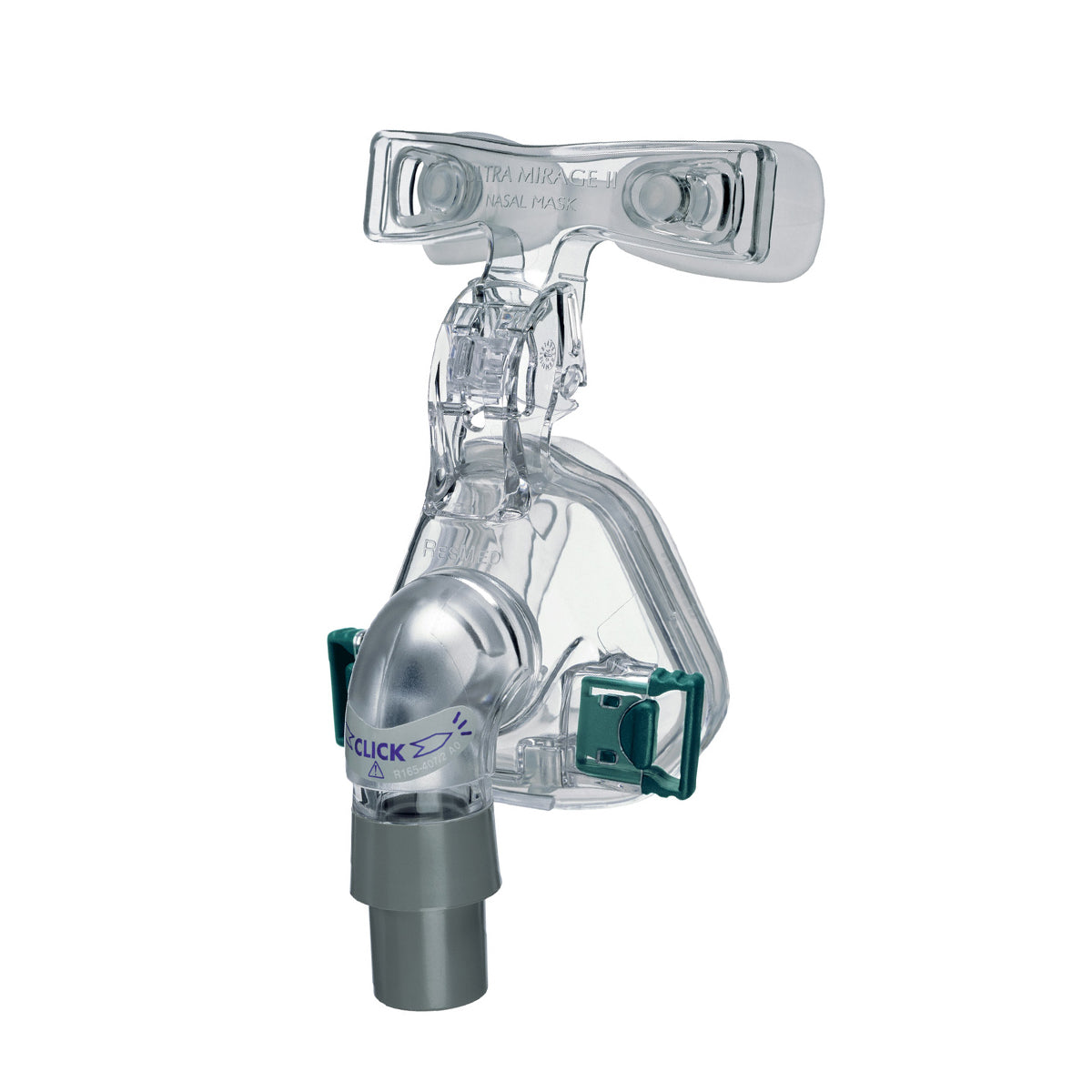 Side view of clear mask with tube connector of the Ultra Mirage II Nasal CPAP Mask by ResMed.