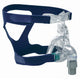 Side view of clear mask with blue headgear and tube connector of the Ultra Mirage II Nasal CPAP Mask by ResMed.