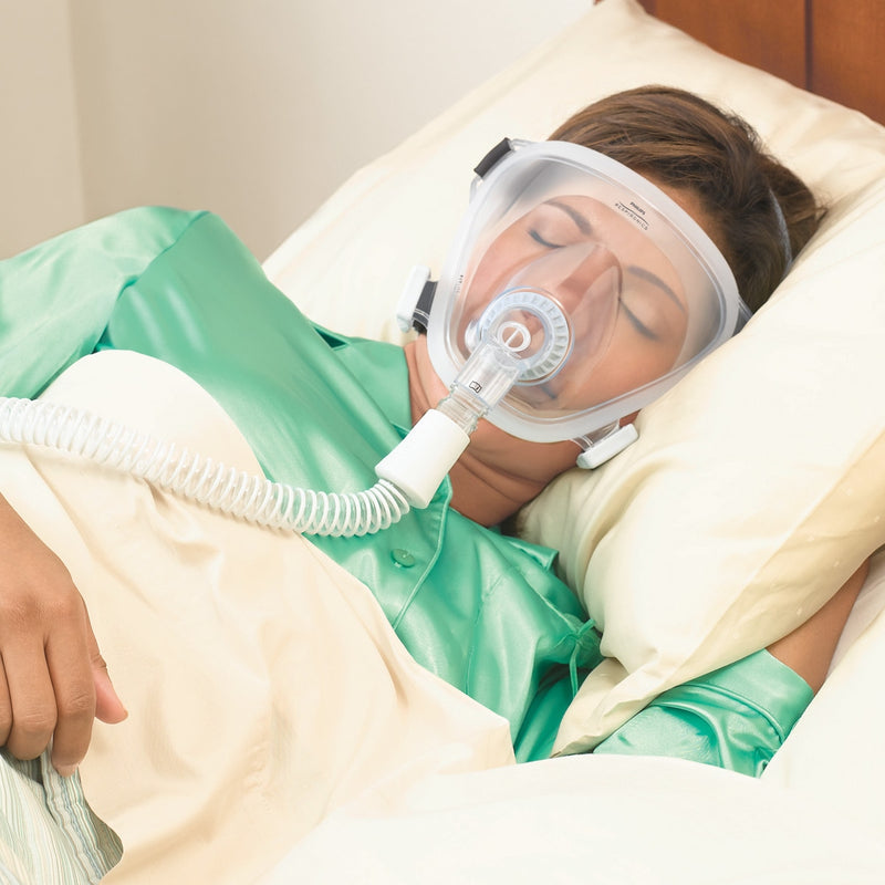 Woman sleeping in green pajamas using the FitLife Total Face CPAP Mask With Black Headgear by Phillips Respironics.