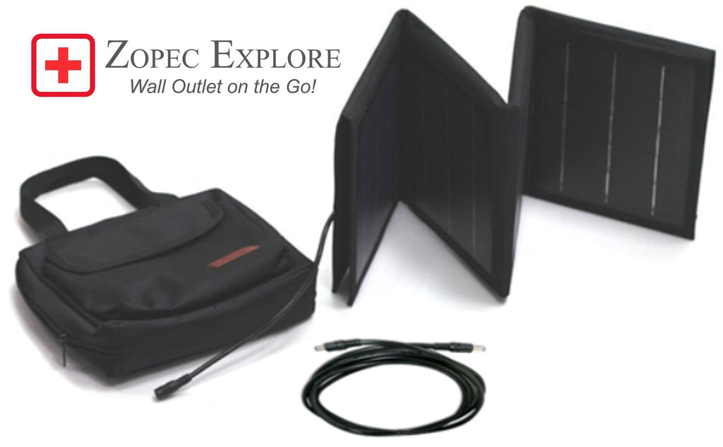 Front view of Zopec Explore Solar Charger with carrying case and wire