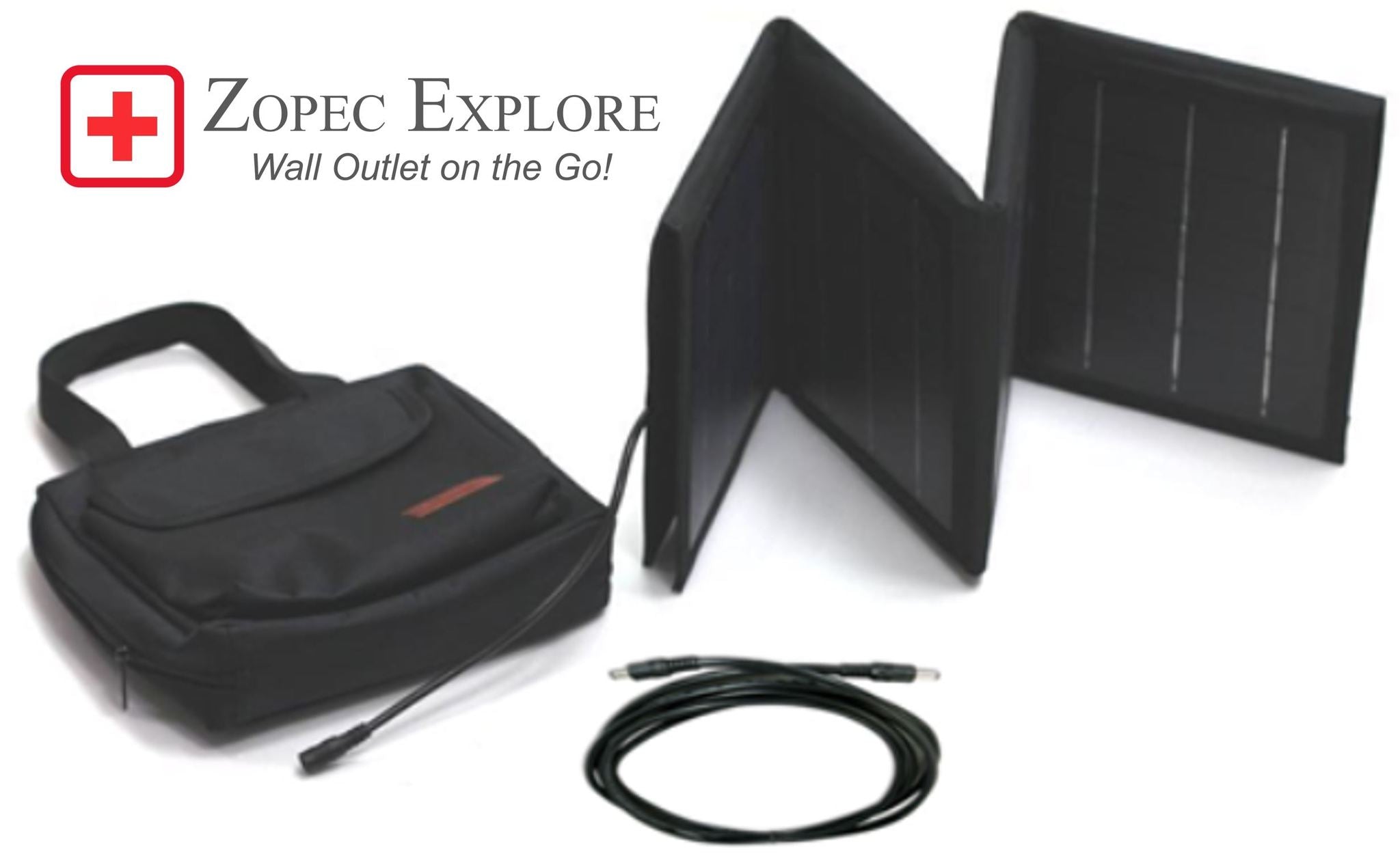 Front view of Zopec Explore Solar Charger with carrying case and wire