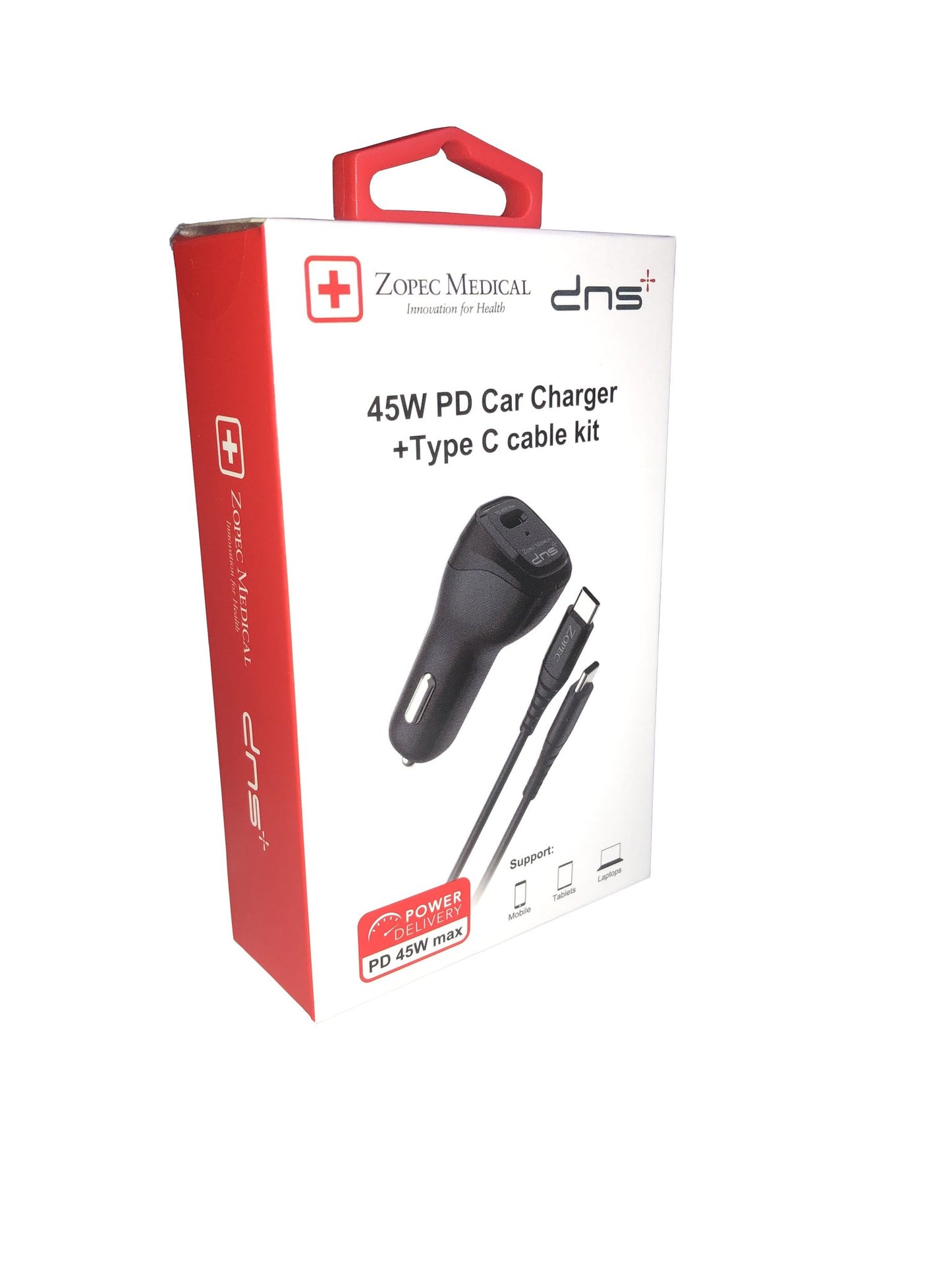 Angled view of Zopec Voyage SMart Car Charger in box