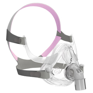 Isometric view of clear nasal mask with grey headgear and pink accents for AirFit F10 for Her Complete Mask by ResMed.