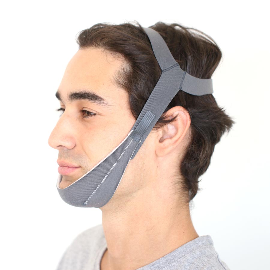 Left side of face wearing chin strap.