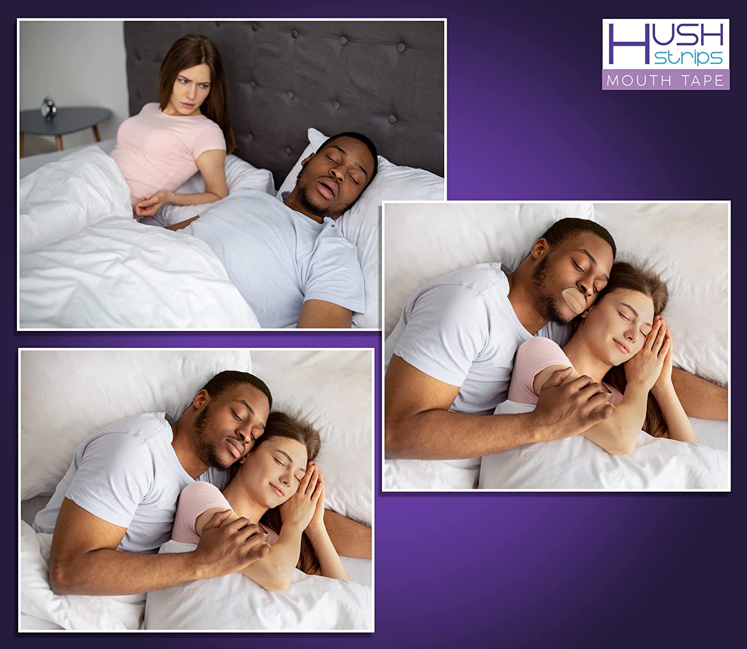 couple sleeping using the hugs strips for snoring