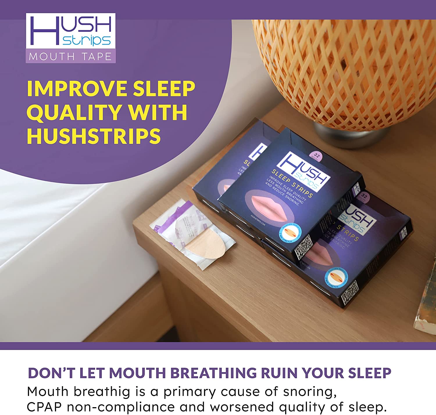 Pack of HUSH STRIPS sleep strips, essential for reducing snoring and enhancing sleep by promoting nasal breathing