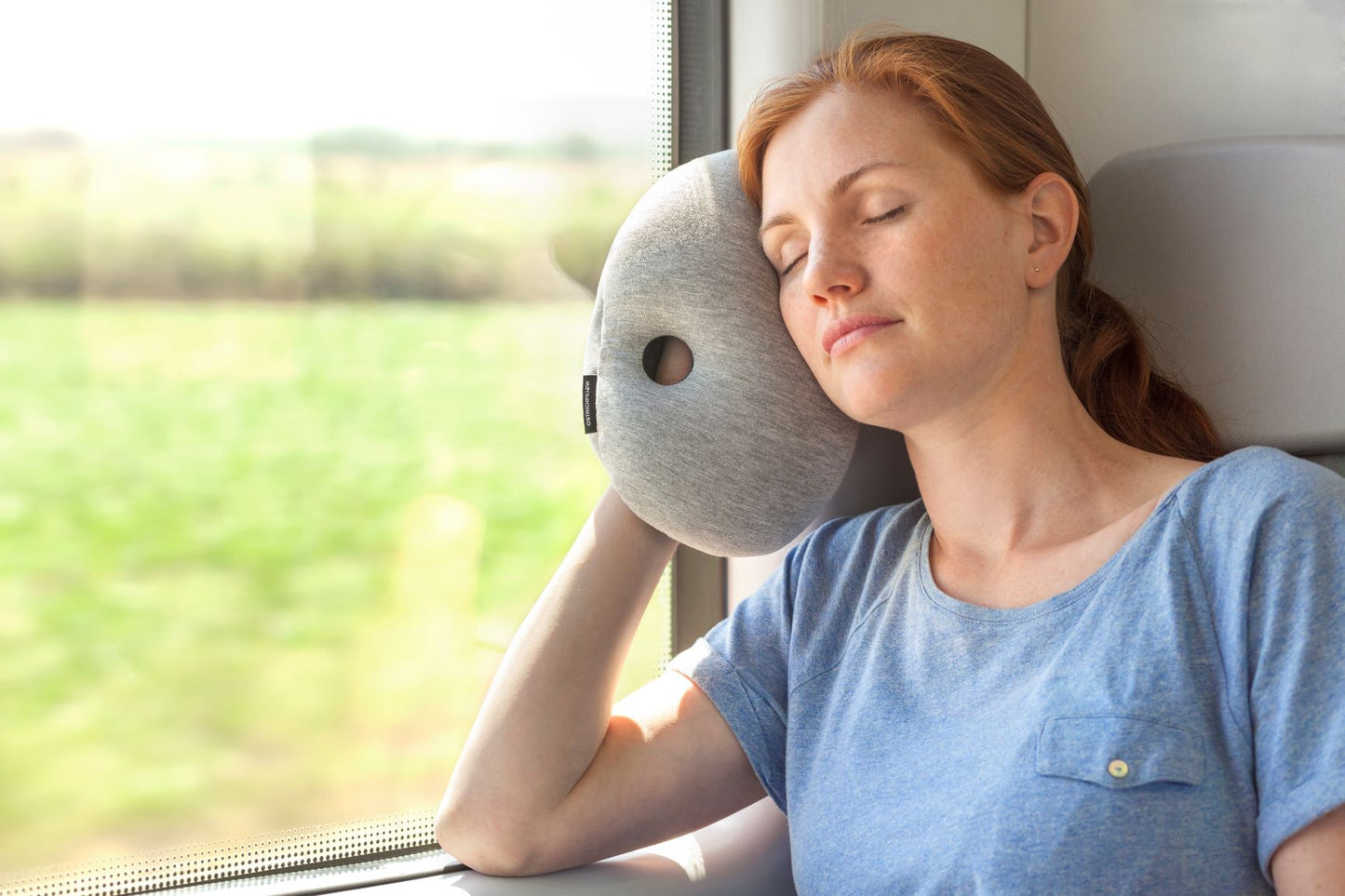 Woman On Train With Mini Desk & Travel Pillow.