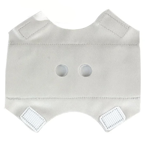 Pad A Cheek CPAP barrel cozy laid flat, gray fabric with two vent holes and hook and loop tabs