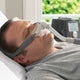 Male sleeping with Pilario Q Nasal Pillow Mask with headgear.