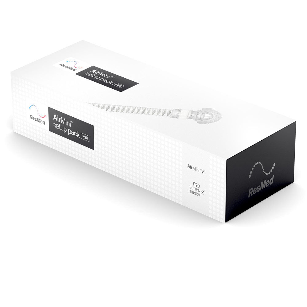 Closed ResMed AirMini setup pack retail box for F20 series masks, angled view
