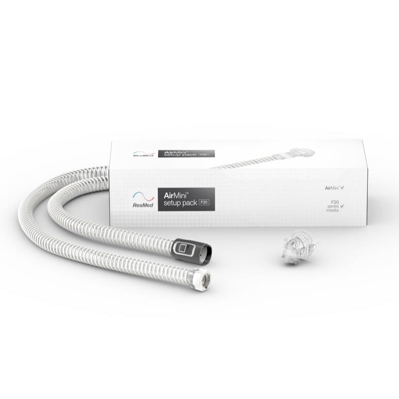 ResMed AirMini setup pack box with coiled slim tubing and F20 mask connector
