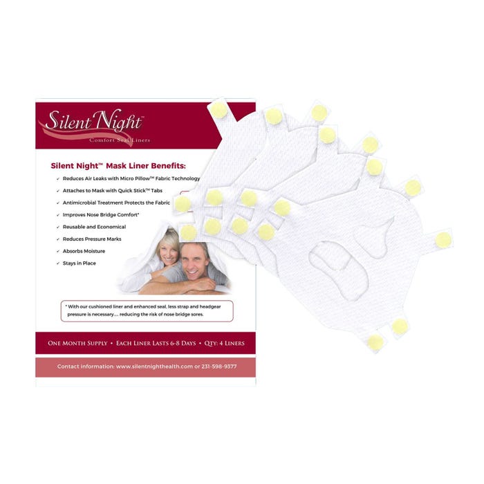 Front view of Silent Night Minimal Contact CPAP Mask Liner next to info sheet